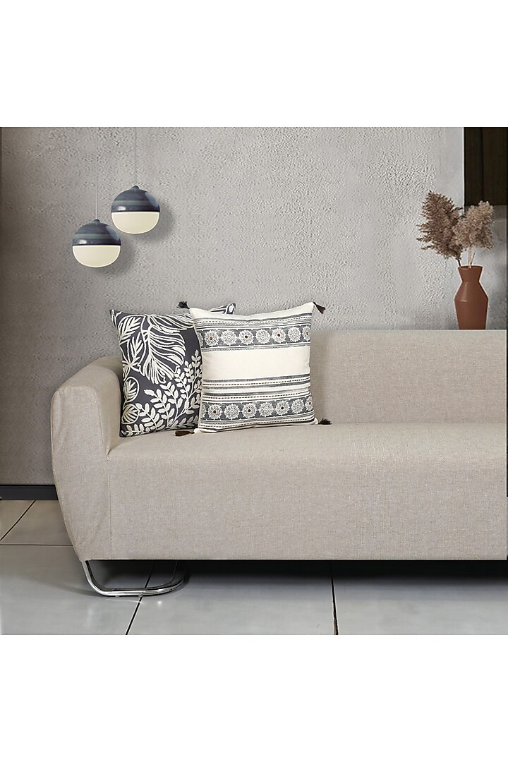 Grey Cotton Aari Embroidered Square Cushion Cover (Set of 3) by Ode And Cleo at Pernia's Pop Up Shop