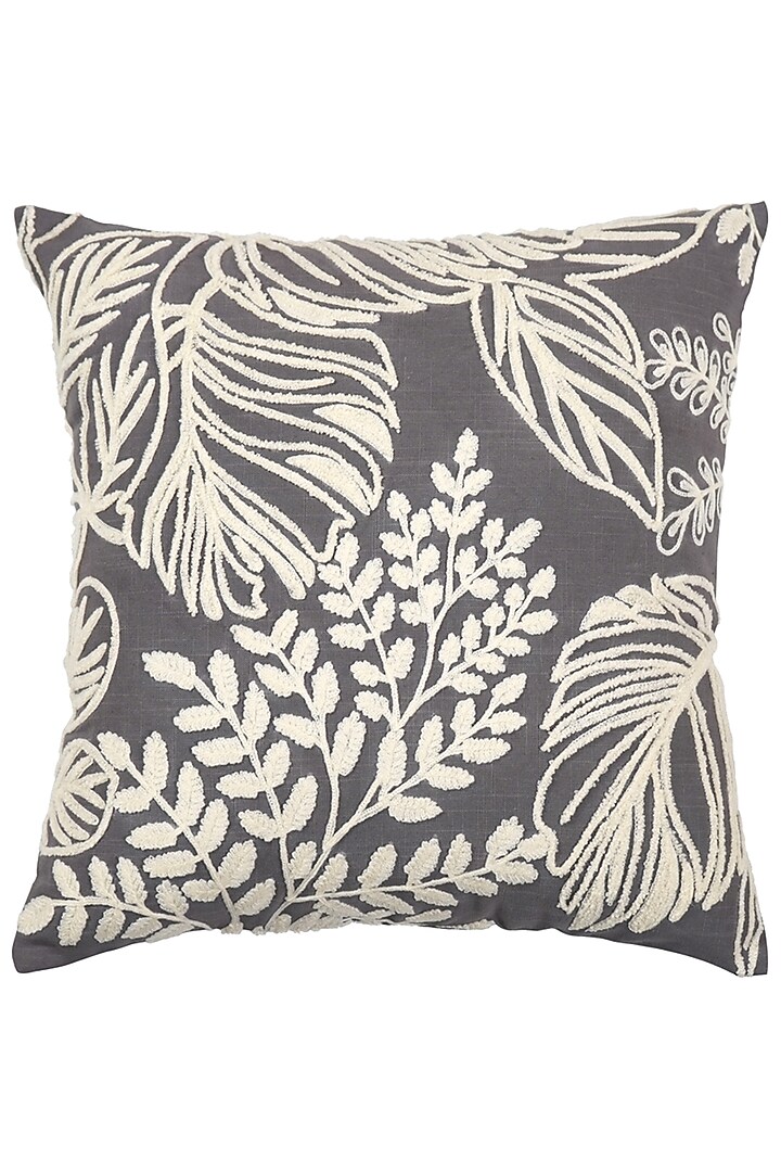 Grey Cotton Aari Embroidered Square Cushion Cover (Set of 2) by Ode And Cleo at Pernia's Pop Up Shop