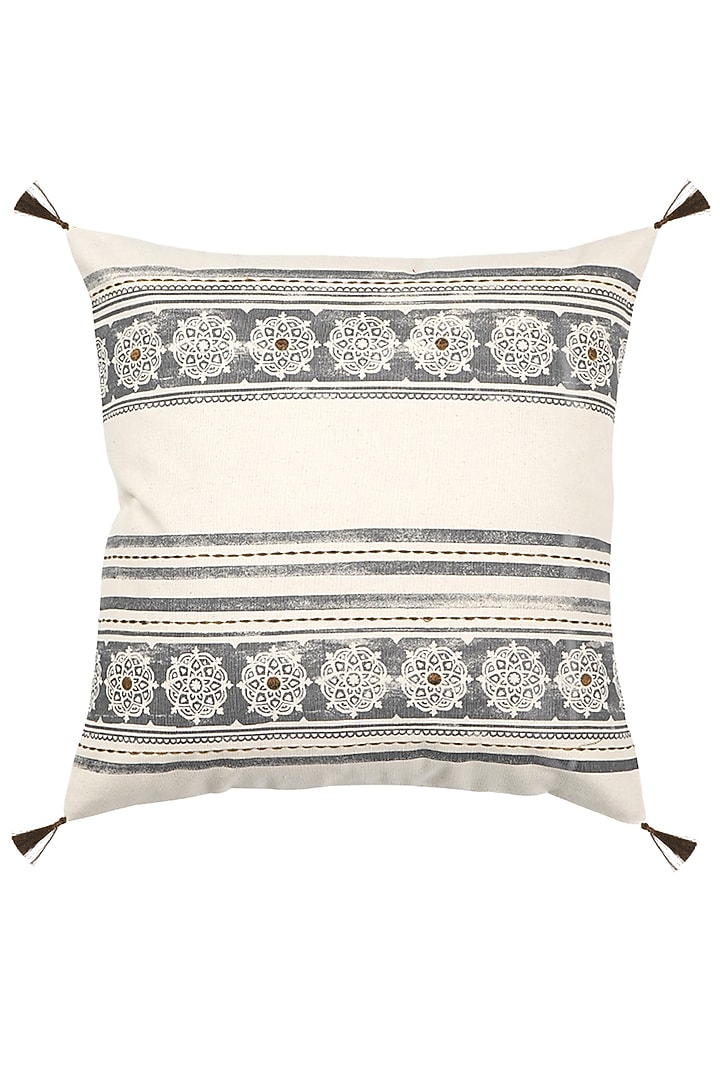 Grey Cotton Aari Embroidered Square Cushion Cover (Set of 2) by Ode And Cleo at Pernia's Pop Up Shop