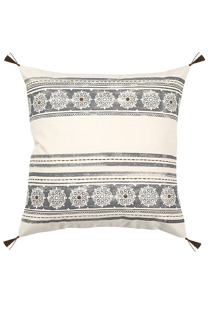 Grey Cotton Aari Embroidered Square Cushion Cover (Set of 3) by Ode And Cleo at Pernia's Pop Up Shop