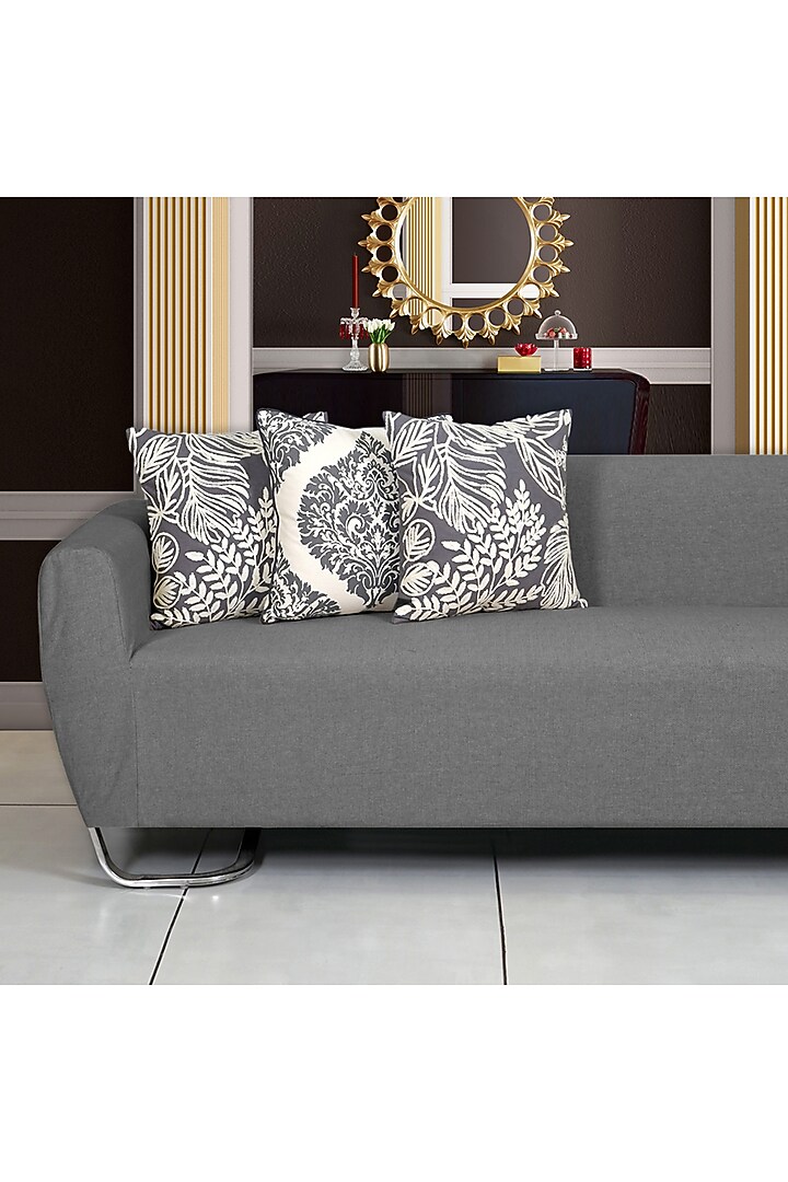 Grey Cotton Aari Embroidered Square Cushion Cover (Set of 5) by Ode And Cleo at Pernia's Pop Up Shop