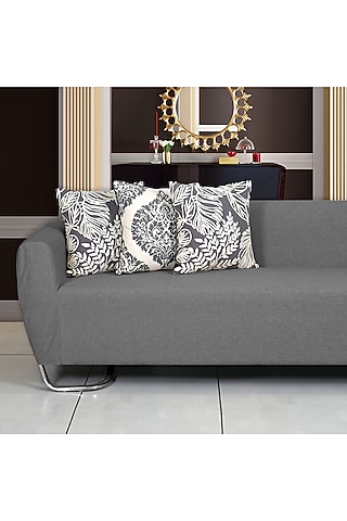 Grey Cotton Aari Embroidered Square Cushion Cover (Set of 3) by Ode And Cleo