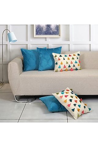 Cobalt Blue & Multi-Colored Velvet Tassels Embroidered Square Cushion Cover (Set of 5) by Ode And Cleo