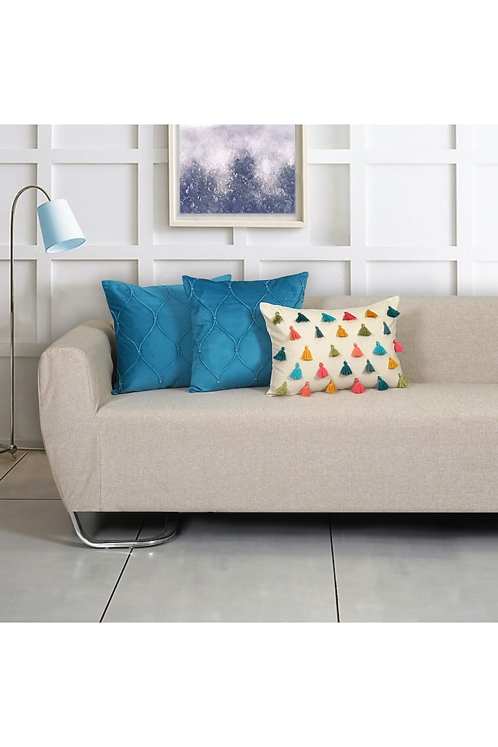 Cobalt Blue & Multi-Colored Velvet Tassels Embroidered Square Cushion Cover (Set of 5) by Ode And Cleo at Pernia's Pop Up Shop