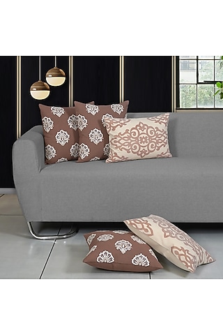Beige & Off-White Cotton Chikankari Embroidered Square Cushion Cover (Set of 5) by Ode And Cleo