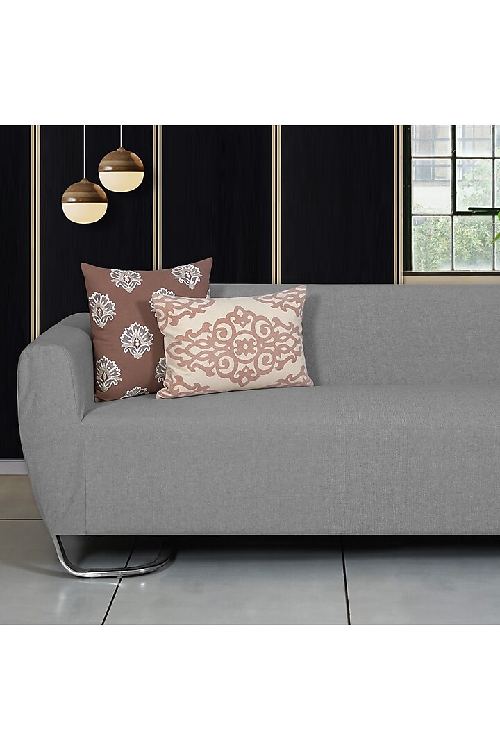 Beige & Off-White Cotton Chikankari Embroidered Square Cushion Cover (Set of 5) by Ode And Cleo at Pernia's Pop Up Shop
