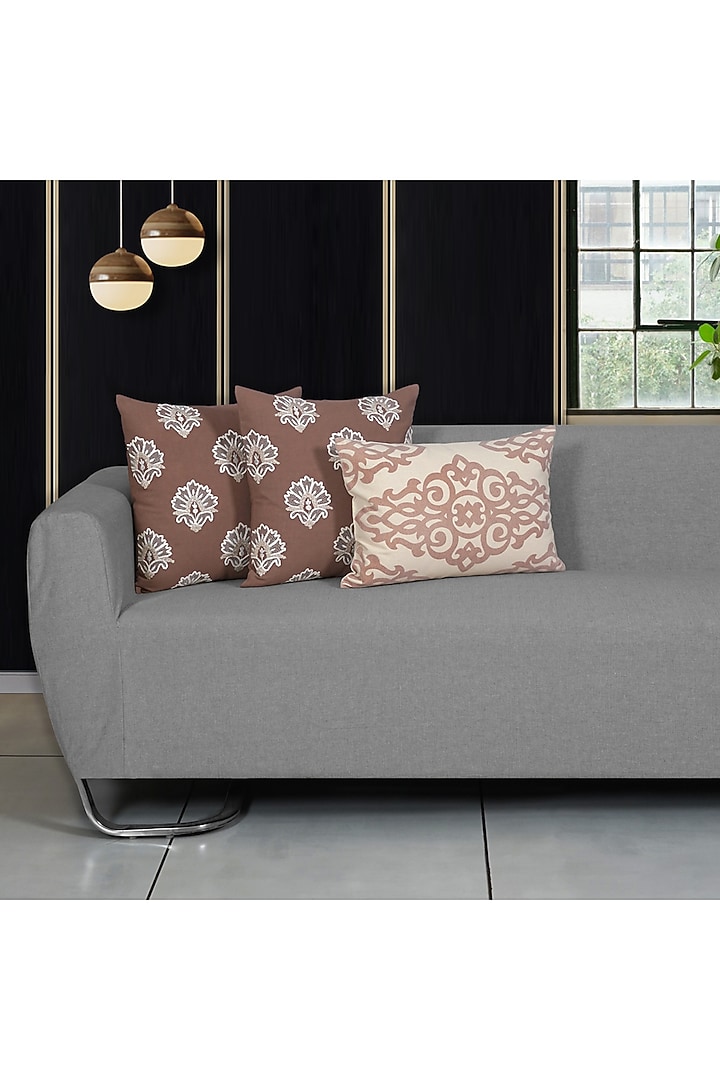 Beige & Off-White Cotton Chikankari Embroidered Square Cushion Cover (Set of 5) by Ode And Cleo at Pernia's Pop Up Shop
