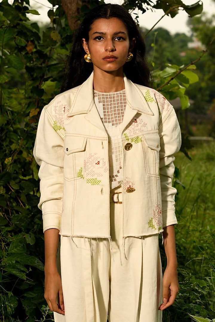 White Hand Embroidered Cropped Jacket by Ode To Odd