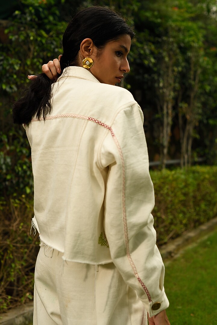 White Hand Embroidered Cropped Jacket by Ode To Odd at Pernia's Pop Up Shop