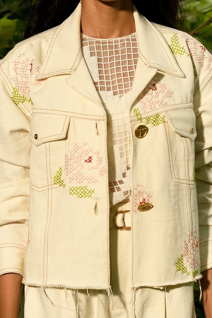 White Hand Embroidered Cropped Jacket by Ode To Odd at Pernia's Pop Up Shop