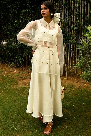 White Hand Embroidered Oversized Shirt by Ode To Odd