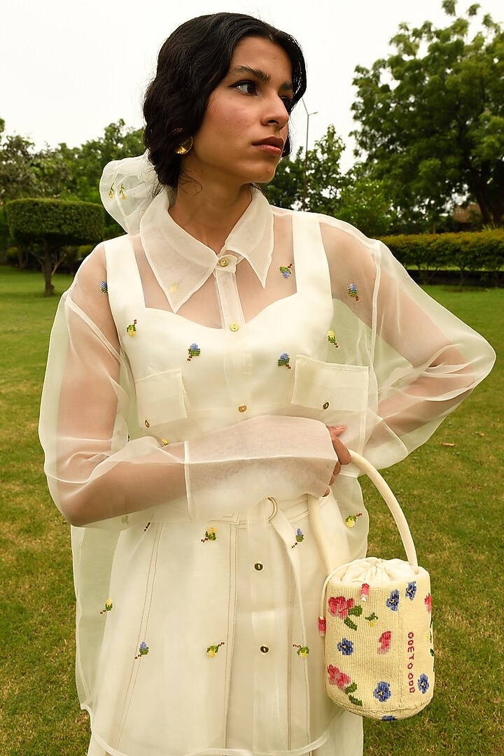 White Hand Embroidered Oversized Shirt by Ode To Odd at Pernia's Pop Up Shop