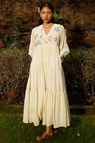 White Handwoven Cotton Maxi Dress by Ode To Odd