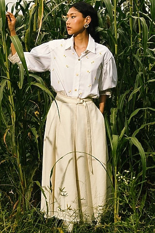 White Beaded Hand Embroidered Shirt by Ode To Odd