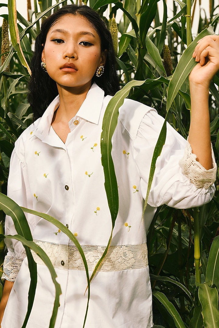 White Beaded Hand Embroidered Shirt by Ode To Odd at Pernia's Pop Up Shop