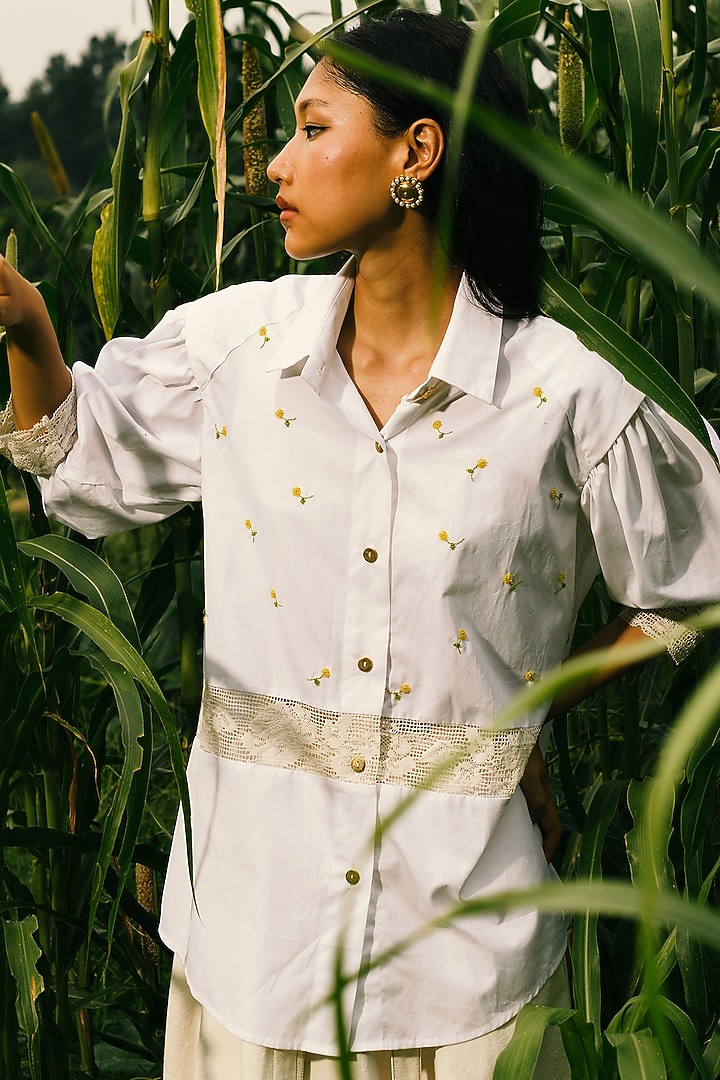 White Beaded Hand Embroidered Shirt by Ode To Odd at Pernia's Pop Up Shop