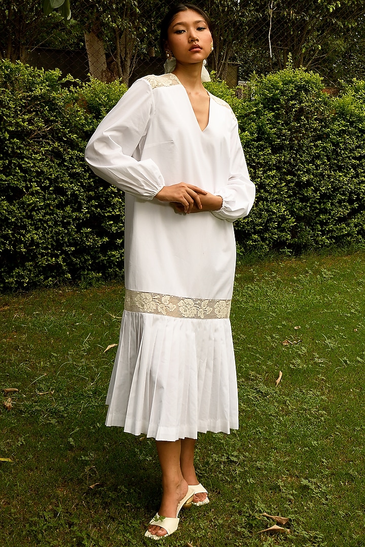White Hand Pleated Midi Summer Dress by Ode To Odd at Pernia's Pop Up Shop