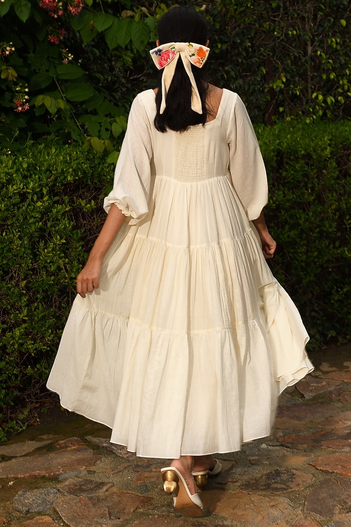 White Handwoven Cotton Multi-Tiered Vacation Dress by Ode To Odd at Pernia's Pop Up Shop