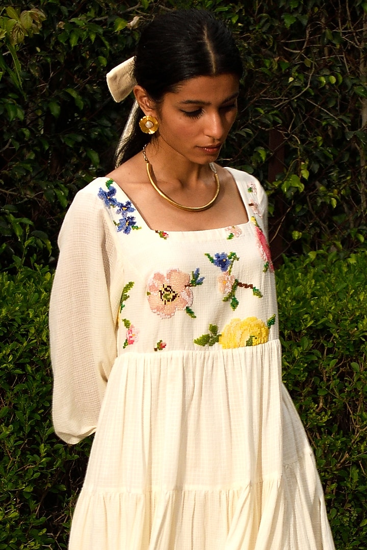 White Handwoven Cotton Multi-Tiered Vacation Dress by Ode To Odd at Pernia's Pop Up Shop