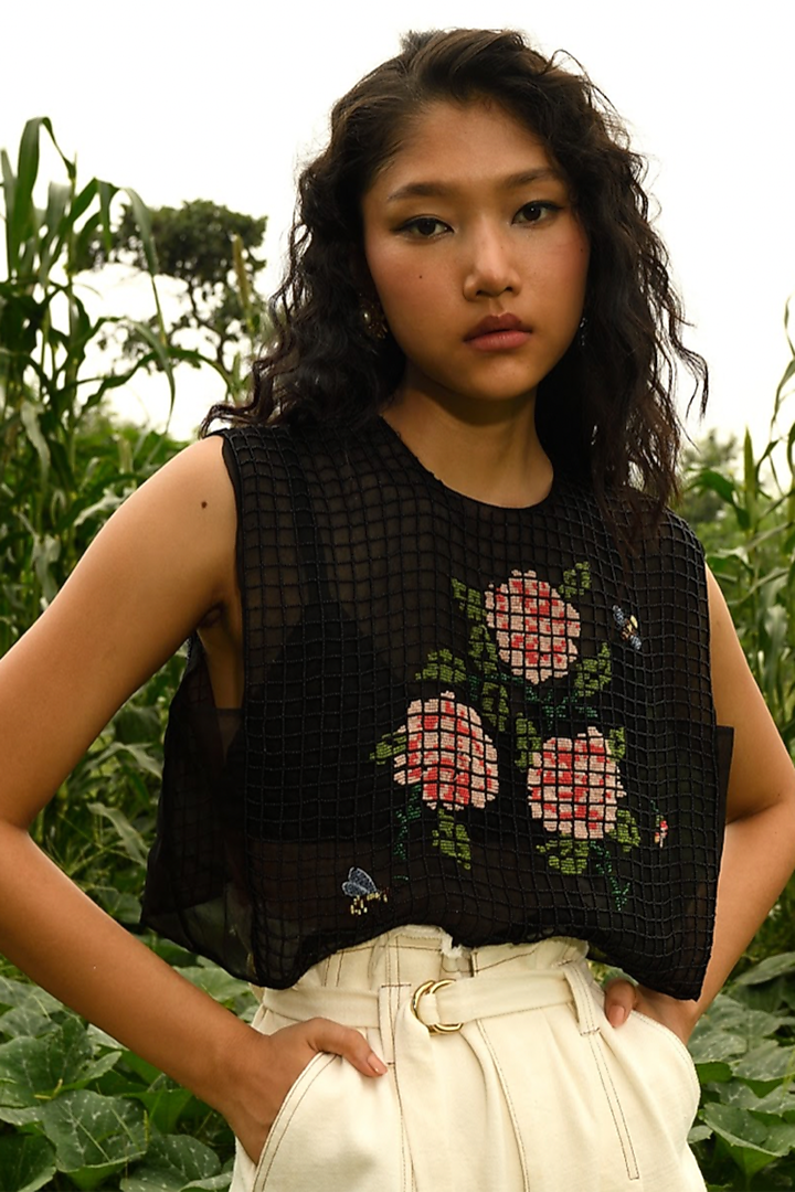 Black Hand Embroidered Top by Ode To Odd at Pernia's Pop Up Shop