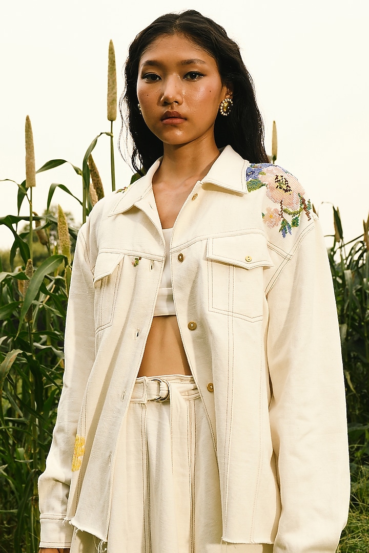 White Handwoven Cotton Denim Oversized Jacket by Ode To Odd at Pernia's Pop Up Shop