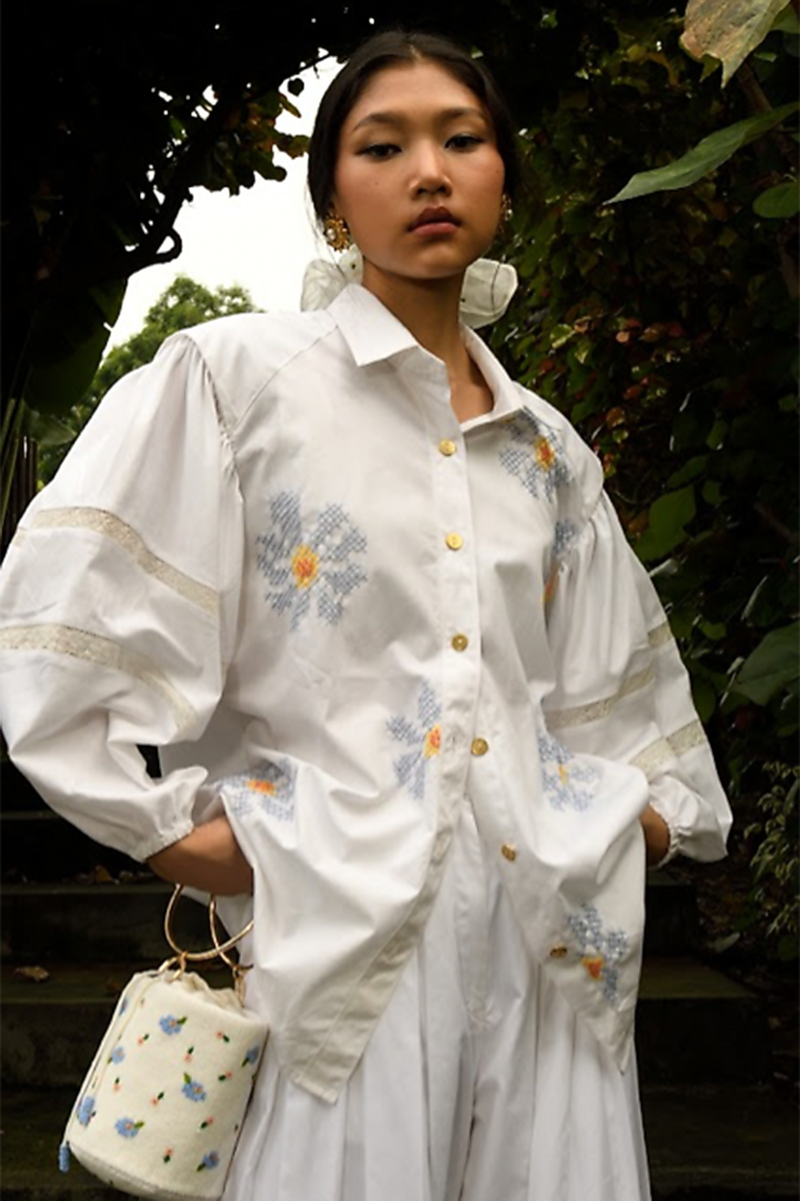 White Embroidered Shirt by Ode To Odd at Pernia's Pop Up Shop