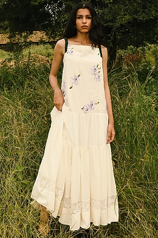 White Handwoven Cotton Tiered Maxi Dress by Ode To Odd