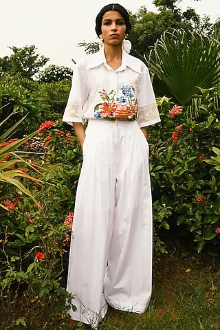 White Hand Embroidered Shirt by Ode To Odd