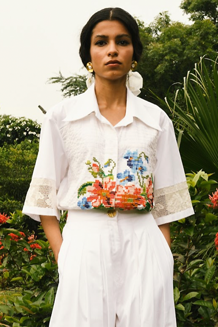 White Hand Embroidered Shirt by Ode To Odd at Pernia's Pop Up Shop
