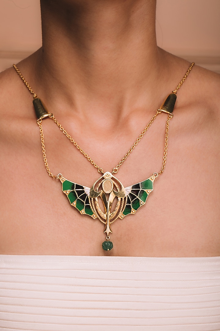 Gold Plated Emerald Stone Necklace In Sterling Silver by ODE