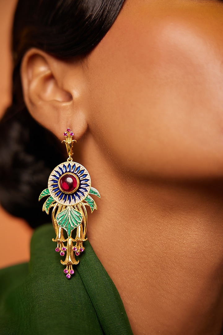 Gold Finish Floral Dangler Earrings In Sterling Silver by ODE at Pernia's Pop Up Shop