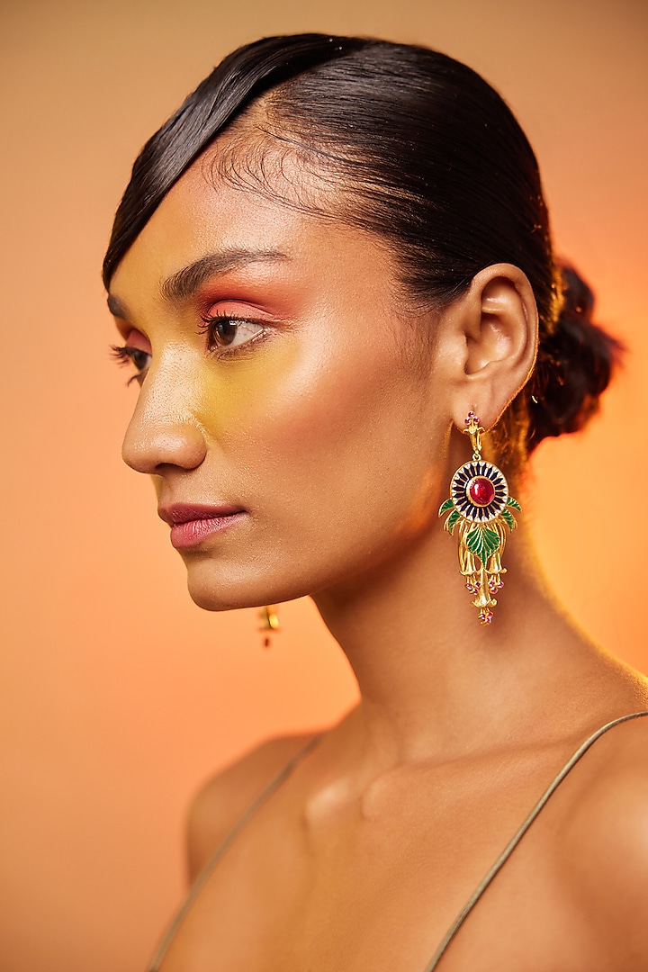 Gold Finish Floral Dangler Earrings In Sterling Silver by ODE at Pernia's Pop Up Shop