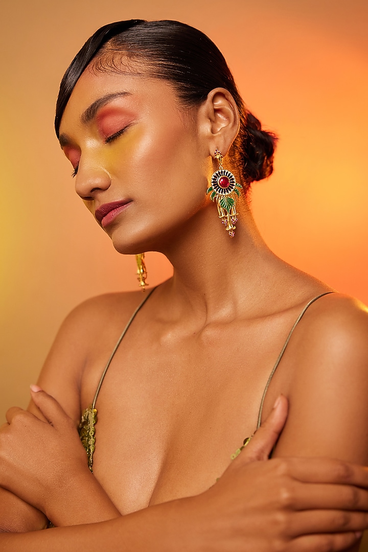 Gold Finish Floral Dangler Earrings In Sterling Silver by ODE at Pernia's Pop Up Shop