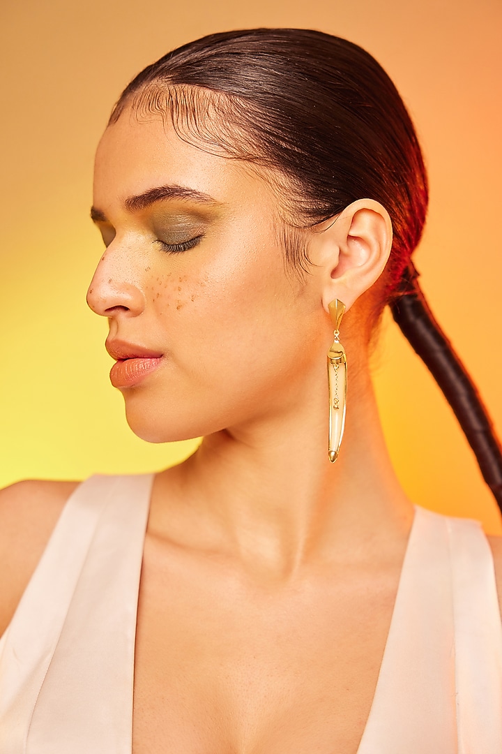 Gold Finish Onyx Dangler Earrings In Sterling Silver by ODE at Pernia's Pop Up Shop
