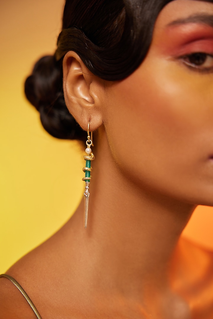 Two Tone Finish Pearl Dangler Earrings In Sterling Silver by ODE at Pernia's Pop Up Shop