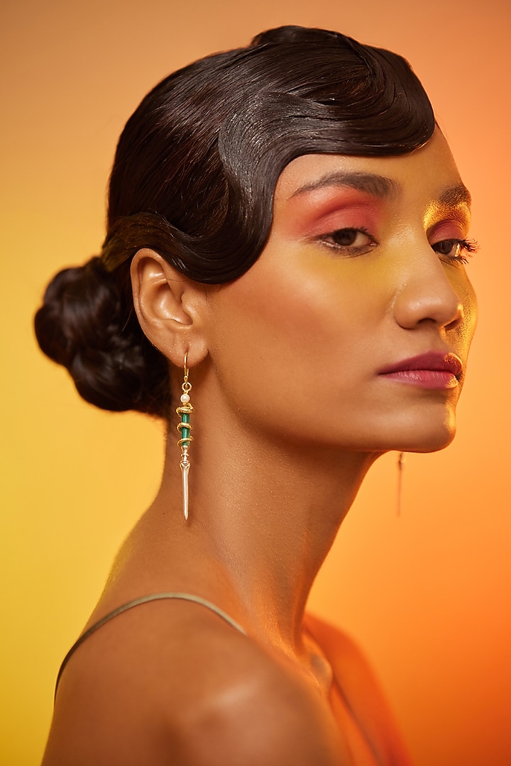 Two Tone Finish Pearl Dangler Earrings In Sterling Silver by ODE at Pernia's Pop Up Shop