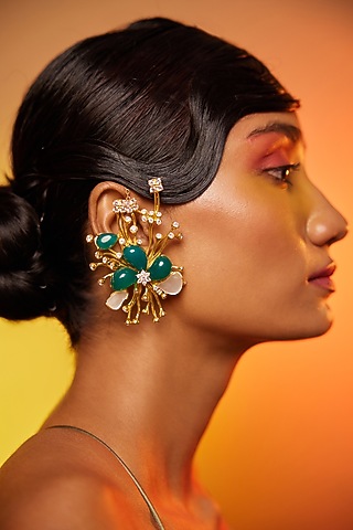 Gold Finish Green & White Stone Ear Cuff In Sterling Silver by ODE