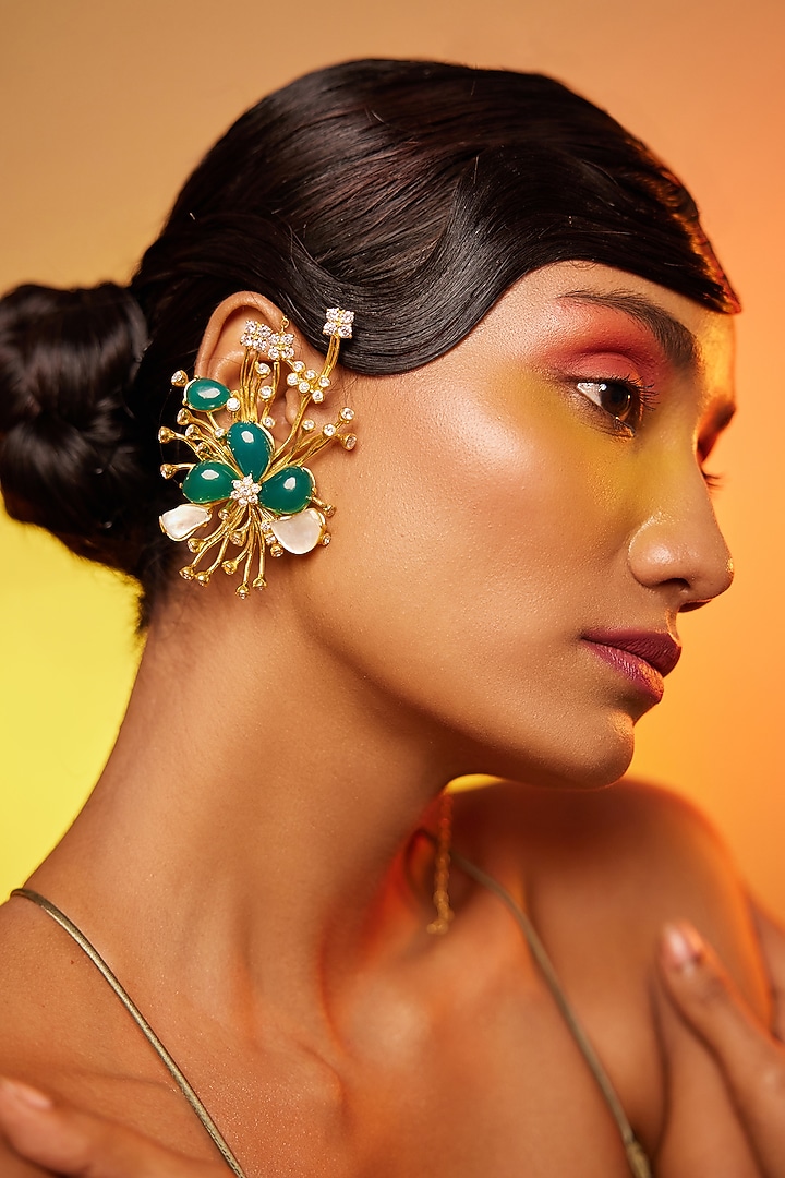 Gold Finish Green & White Stone Ear Cuff In Sterling Silver by ODE at Pernia's Pop Up Shop