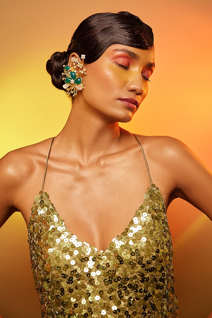 Gold Finish Green & White Stone Ear Cuff In Sterling Silver by ODE at Pernia's Pop Up Shop