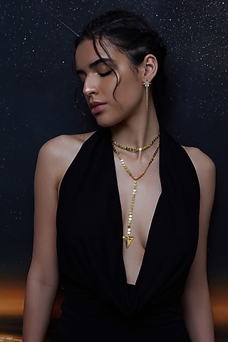 Gold Finish Long Pendant Chain Necklace In Sterling Silver by ODE