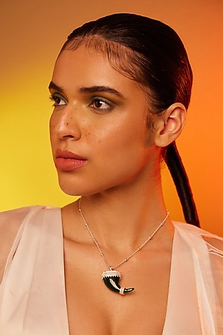 White Finish Silver Embellished Pendant Chain Necklace In Sterling Silver by ODE