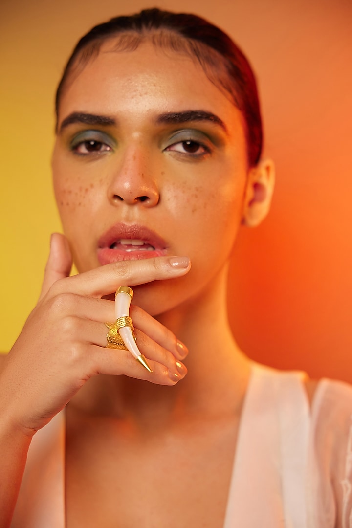 Gold Finish Onyx Embellished Ring In Sterling Silver by ODE at Pernia's Pop Up Shop