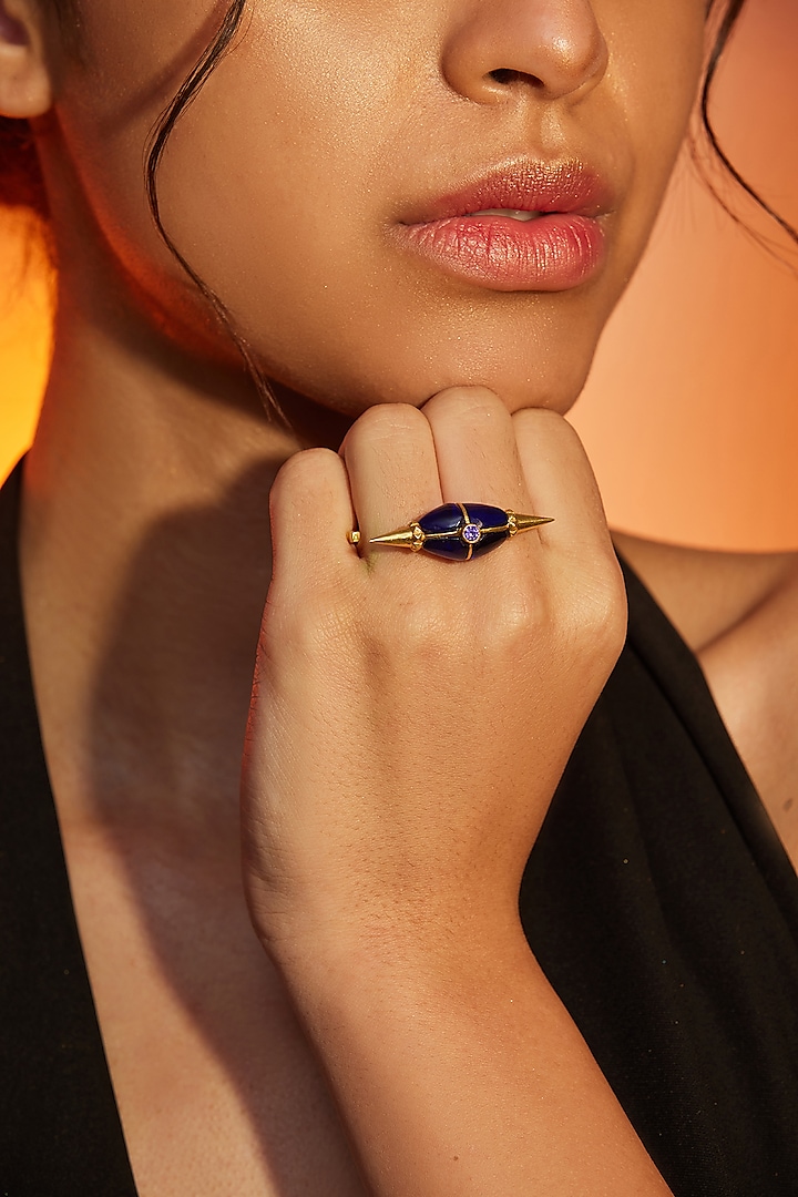 Gold Finish Blue Stone Ring In Sterling Silver by ODE at Pernia's Pop Up Shop