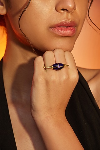 Gold Finish Blue Stone Ring In Sterling Silver by ODE