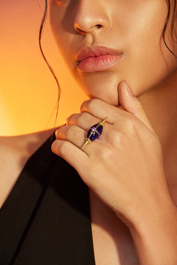 Gold Finish Blue Stone Ring In Sterling Silver by ODE at Pernia's Pop Up Shop