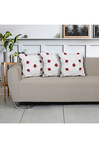 White Cotton Embroidered Square Cushion Cover (Set of 3) by Ode And Cleo