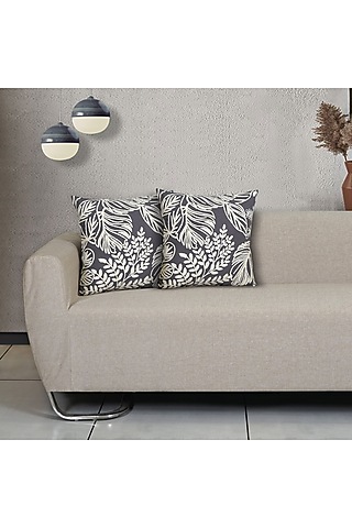 Grey Cotton Aari Embroidered Square Cushion Cover (Set of 2) by Ode And Cleo