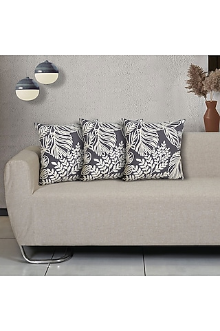 Grey Cotton Aari Embroidered Square Cushion Cover (Set of 3) by Ode And Cleo