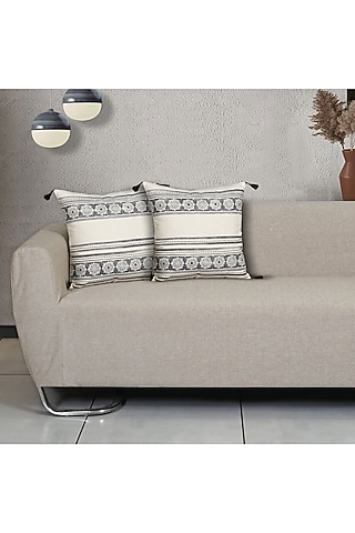 Grey Cotton Aari Embroidered Square Cushion Cover (Set of 2) by Ode And Cleo