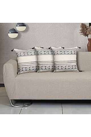 Grey Cotton Aari Embroidered Square Cushion Cover (Set of 3) by Ode And Cleo